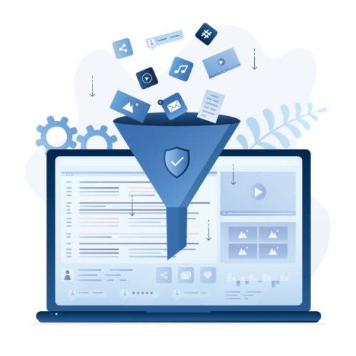 ndc-it-filtering Filtering information from Internet. Laptop with software filters media content uploaded to device. Protection system. Antivirus, security system. Safe surfing in network. Flat vector illustration